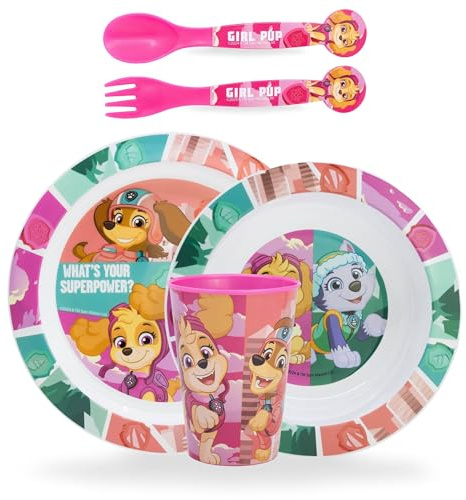 Sorrisini Vajilla Infantil para Niños Paw Patrol, Vajilla Reutilizable Apta para Microondas, Juego de Platos Irrompibles de Plástico Plato, Cuenco para Cereal, Cubiertos, Taza 260ml, Skye