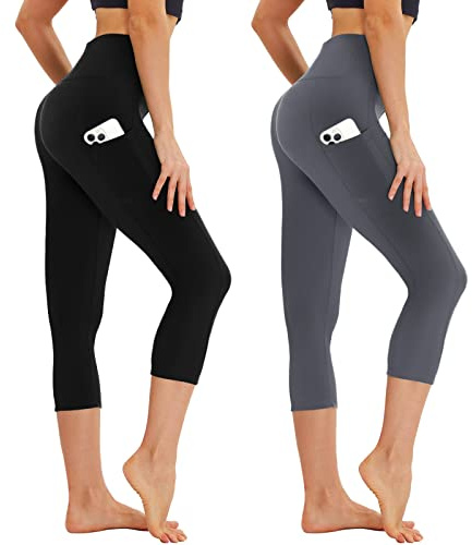 AMIYOYO Leggings Capri para mujer con bolsillos, 3/4, pantalones deportivos de cintura alta, opacos, elásticos, 7/8, pantalones de yoga, fitness, correr, para exteriores, 2 unidades, Negro+gris oscuro