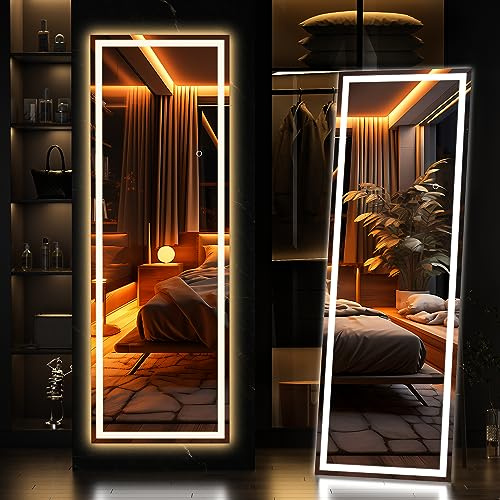 Hasipu Full Length Mirror with Lights, 140x40cm LED Lighted Floor Standing Mirror 3 Color Lighting, Full Body Dressing Hanging Mounted Mirrors, Dimmable, Tempered Glass, Safe to Use