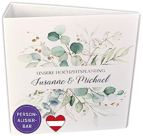 FEENSTAUB Ordner A4 Hochzeit, Mappe mit Namen und Datum personalisierbar, Hochzeitsplaner Ordner, Motivordner A4, Hochzeitsordner, Binder, Sammelordner, Aktenordner A4 bunt, Motiv Eukalyptus