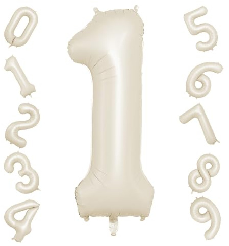 40 Inch Cream Number 1 Balloon, Beige Large 1st Birthday Balloons, Digital 1 Cream White Giant 1 Foil Balloon Helium for 1st Birthday Decorations First Year Boys Girls Baby Shower Party Supplies
