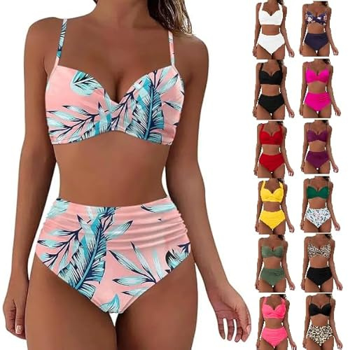 Women's Bikinis Set High Waisted Solid Color Swimming Costume Ladies Push Up Vintage Beachwear Tummy Control 2 Piece Swimsuits Twist Front Bikini Top Pleated Tropical Bathing Suit