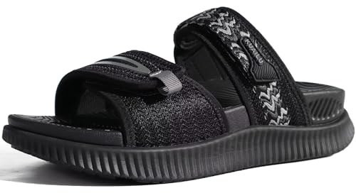KuaiLu Womens Orthotic Slides Athletic Thick Cushion Recovery Sandals Adjustable Strap Open Toe Slip On Yoga Mat Walking Ladies Sport Sandles Comfort Plantar Fasciitis Arch Support Black Size 8