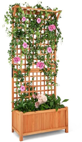 HOMASIS Hochbeet mit Rankgitter & Dach, Blumenkasten mit Spalier & Drainagelöchern, Pflanzkasten Holz, Pflanzübel Rankkasten Gartenspalier für Balkon, Garten, Terrasse, 75x33x181cm, Natur