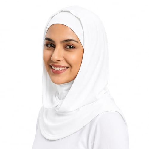 NAJMA Voile soie de médine 2 en 1 Hijab avec bonnet cagoule intégré et attaché au foulard à enfilet pratique,sport respirant attaché avec voile,ninja opaque léger doux pratique, (Blanc)