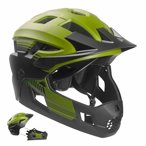 Crazy Safety Casco Bici Integrale - Verde | Casco 2-in-1 per BMX, mountain bike, pattinaggio | Casco per bambini con mentoniera removibile | Casco da motocross taglia M 54-57 cm | Vestibilità sicura