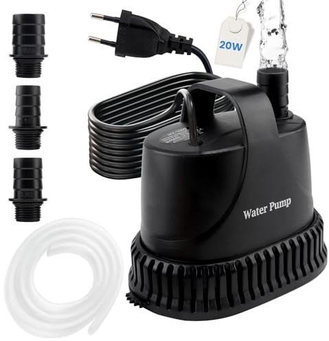 EXLECO Pompe Submersible 1200L/H 20W, Noir, Classique, Plastique, Pompe pour Aquarium et Jardin, 230V, IPX8, 12.5*10*11cm