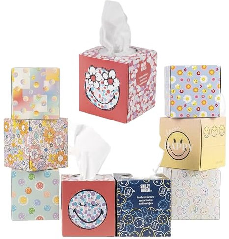 SMILEYWORLD Taschentücher – 576 Blatt insgesamt, 3 Lagen – Würfel-Design (8 verschiedene Designs) – 48 Blatt pro Box, 12 Boxen pro Karton | Taschentücher, ultraweiche Taschentuchbox