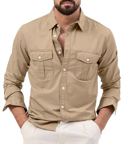 TDEOK Chemise à manches longues pour homme - Grandes tailles - Infroissable - Coupe confortable - En coton - Avec deux poches de poitrine - Boutonnées - Revers - Vintage - Chemise traditionnelle -