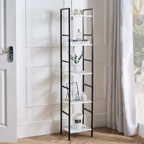 OHS 5 Tier Narrow Ladder Shelf, Home Office Living Room Narrow Bookcase Shelf Stand Slim Shelves for Bedroom Bathrooms Storage with Metal Frames, White Marble - 140 x 30 x 24cm