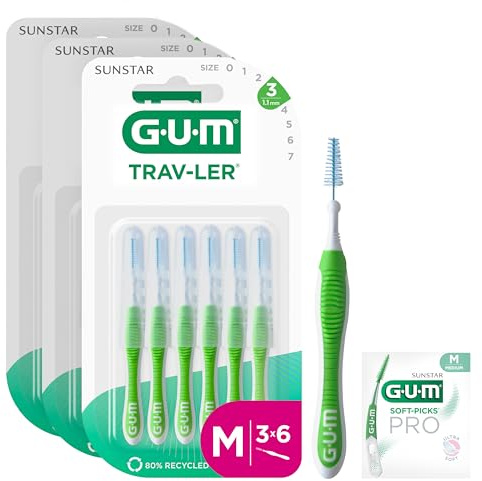 GUM TRAV-LER brossettes interdentaires | nettoyage en profondeur entre les dents | manche pliable | élimination de la plaque dentaire | 1.1mm, ISO 3 | Taille M | Lot de 3x6 (+ 1 échantillon gratuit)
