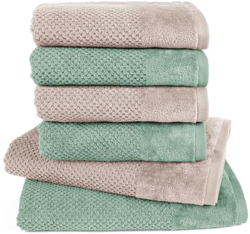 Pure Label 6-TLG. Handtücher Set mit Aufhängeschlaufen aus Baumwolle, saugstark, weich und Oeko-TEX Zertifiziert - 2X Badetuch (70x140 cm) 4X Handtuch (50x100cm), Stein | Grün