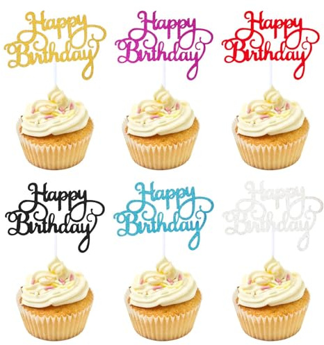 Dreamil Happy Birthday Cake Topper 12 Stück 6 Farben Glitzer Happy Birthday Cake Kuchendekoration Glitzer Cupcake Tortenstecker für Babyparty Jubiläen Party Dekoration
