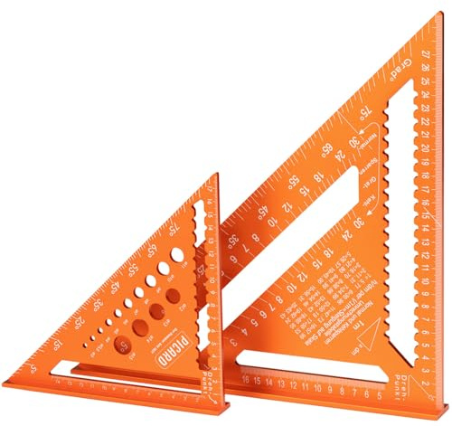 PICARD Zimmermannswinkel Set 180 mm mit Bohrlehre + 300 mm mit Sparrenlehre | Präzise Anschlagwinkel & Schreinerwinkel | Profi Zimmererwinkel für Holzbau & Dachkonstruktion | Speed Square metrisch