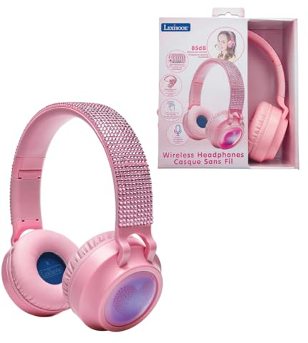 Lexibook, Cuffia Luminosa Pieghevole Bluetooth® e cablata, Design 3D con Strass Rosa e limitatore di Volume, Rosa, HPBT015PKLXB