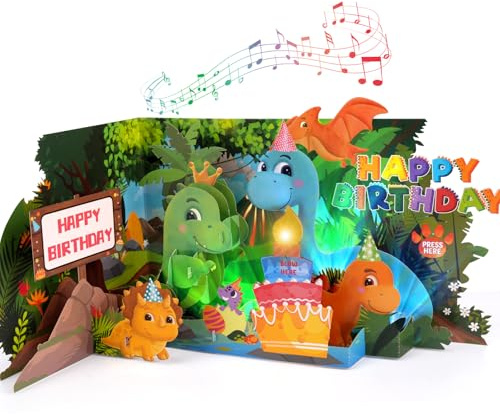 Carte d'anniversaire musicale 3D dinosaure avec lumières LED pour fille de 3 ans – Carte pop-up pour garçons