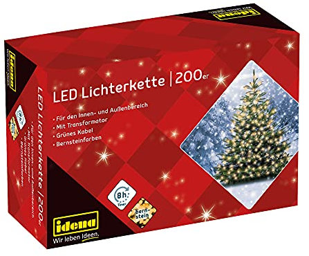 Idena 31224 - LED Lichterkette mit 200 LEDs in Bernsteinfarben, 8 Stunden Timer Funktion und Transformator, ca. 27,9 m lang, Deko für Innen & Außen, als Party Deko, Weihnachtsdeko, zur Hochzeit