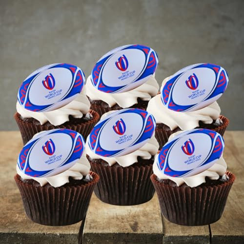 PRECUT Rugby Ball Cupcake Toppers, Rugby World Cup Theme Edible Wafer card Cupcake Toppers (Pack of 12)