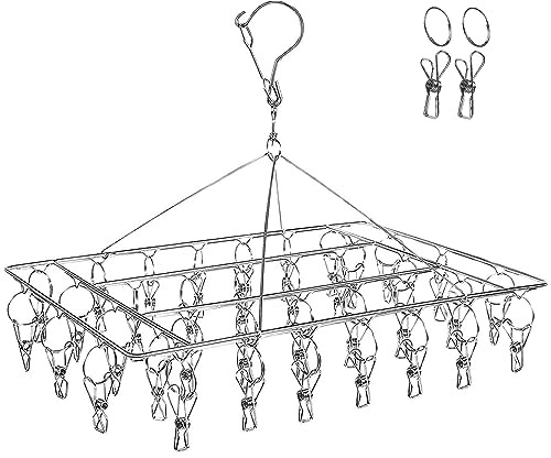 DARUITE Sock Hanger for Drying, Underwear Dryer Hanger with 36 Clips | Metal Clothes Airer for Diapers, Towels, Tank Tops, Travels, Rust Resistant, Stainless Steel, Windproof Hook, 360 Rotatable
