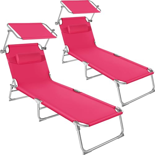 tectake® Set med 2 Solsängar Chloé, Robusta Trädgårdsstolar med Justerbart Ryggstöd, Inkluderar Mjuk Huvudkudde och Soltak, Hopfällbar, Stålstativ, UV-Resistent Plastfiber, Upp till 110kg - Rosa