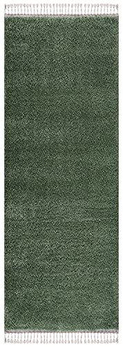 carpet city Teppich Wohnzimmer - Shaggy Hochflor Grün - 80x300 cm Einfarbig - Moderner Teppich Läufer mit Fransen