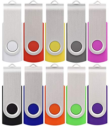 USB Flash Drive 16GB 10 Pack, Thumb Drives USB 2.0 Bulk Swivel Memory Stick Jump Drive Zip Drive with Led Indicator for Data Storage, File Sharing (10Pcs, Multi-Color,16 GB)