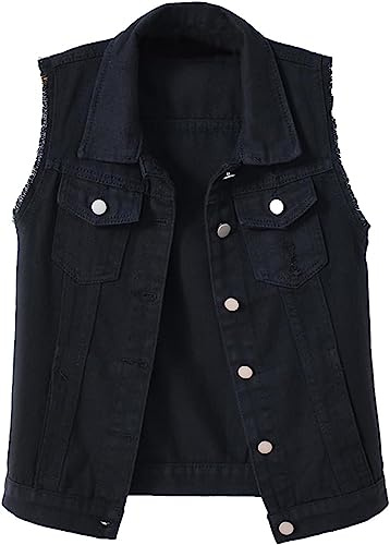 Lazutom Women's Button Up Sleeveless Distressed Jean Denim Vest Jacket Waistcoat