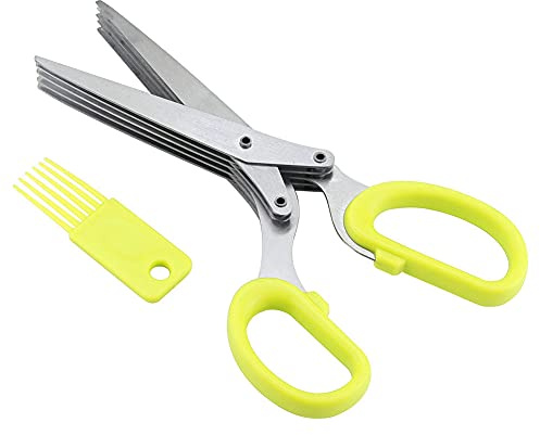 Forbici per erbe aromatiche, forbici da cucina multiuso in acciaio inossidabile a 5 strati, strumento per tagliare lo scalogno e per sushi con pettine per la pulizia(Giallo)