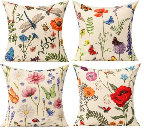 Garden Outdoor Butterfly Flower Floral Cushion Covers 20x 20 Summer Spring Bench Patio Pillows Farmhouse Dragonfly Flower Leaves Decorative Pillowcase Set of 4 Home Decor Linen for Couch Sofa Plants