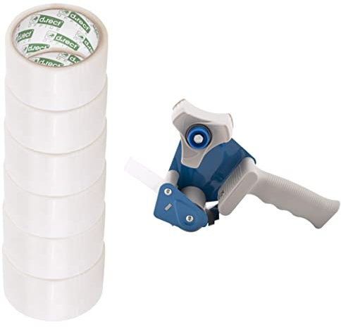 D.RECT Klebeband-Handabroller mit 6 transparenten Paketklebeband-Rollen 50m x 48mm hochwertiger robuster für Klebebänder mit bis zu 50 mm Breite inklusive 6 Rollen Packband, Transparent