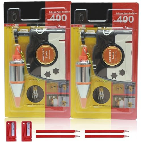 ARTCOLO 2 PCS Magnetic Plumb Bob Kit - 15 oz(425g) Plum Bob With 26 ft(8m) Automatic Stretching String,4 pcs Pencils, 2 pcs Pencil Sharpener