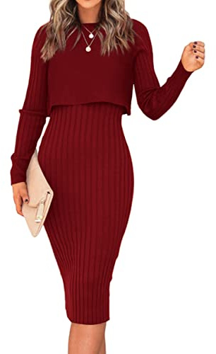 Ezbelle Womens Crewneck Long Sleeve Elegant Sexy Bodycon Midi Dress Ribbed Knit 2 Pieces Plain Outfits Winter Tank Sweater Burgundy Medium