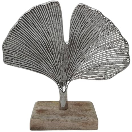 Deko Figur Holz Ginkgo Silber Metall Ginko Gingko Ornament Dekoobjekt Skulptur 5