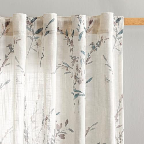 MYSKY HOME Sheer Curtains 84 inches Long 2 Panels for Living Room Window Farmhouse Flax Linen Curtains & Drapes with Light Filtering Privacy Added Floral Printed Classical for Home Decor, Navy Blue