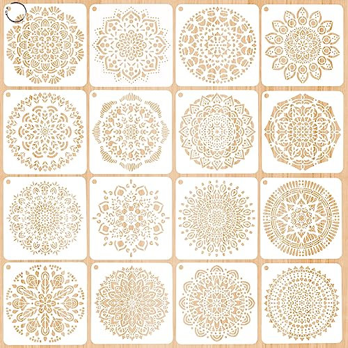 16 Stück Mandala Schablonen, Wiederverwendbare Malerei Vorlage Zubehör, Blumen Handwerk Scrapbooking Stencils Set, Airbrush Schablonen Wandgestaltung, für Malen auf Holz Stoffen Boden Möbeln