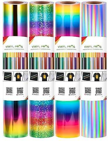 VINYL FROG Heat Transfer Vinyl Rainbow HTV Vinyl Roll 4 Rolls 12'' x 3ft Rainbow Holographic Vinyl Iron on Vinyl for DIY Craft Designs