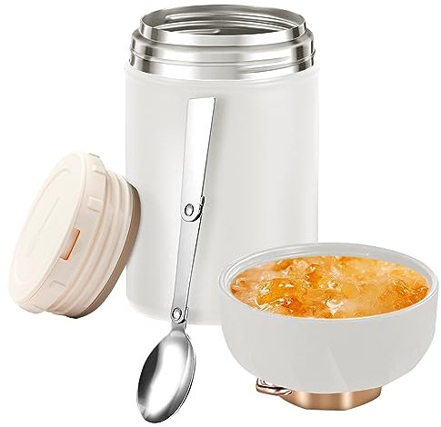 Food Flask,600ml (20 oz) Food Flask Container,Stainless Steel Double Walled Soup Flask Leak Proof Food Jar Soup Containers with Foldable Spoon for Hot and Cold Meals Double Soup Flask (White)