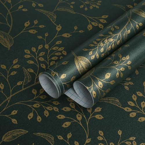 Heroad Peel and Stick Wallpaper Dark Green Contact Paper Gold Floral Wallpaper Modern Boho Removable Contact Paper for Cabinets Drawers Bedroom Self Adhesive Vinyl Papel Tapiz para Pared 118 x 17.3