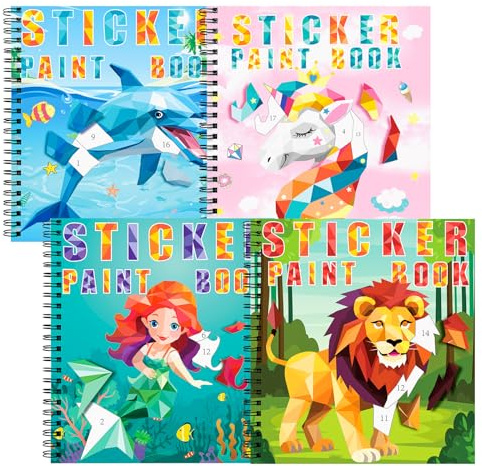 TCJJ Lot De 4 Livres D'Autocollants licorne Pour Enfants De 3 à 8 Ans, 40 Images Livre D'Autocollants Par NuméRo, Livre D'Autocollants Pour Enfants Pour AméLiorer L'Intelligence, Cadeaux De NoëL