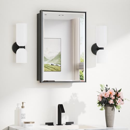 TokeShimi 16x24 Recessed Medicine Cabinet with Mirror Surface Mounted, Metal Beveled Mirror with Storage for Bathroom Vanity, Aluminum Black Medicine Cabinet Mirrored