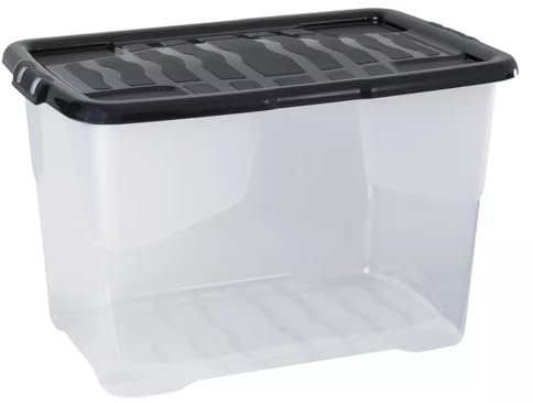 Strata 5 x 65 l Kunststoff-Aufbewahrungsbox mit schwarzem Deckel – stapelbarer, transparenter und langlebiger Behälter für Zuhause und Büro (41 cm H x 39 cm B x 60 cm T)