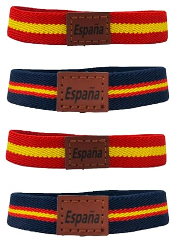PROUTHS Pulsera España, Bandera de España para hombre, PACK 4Unds, Tela Elástica para Hombre y Mujer, Pulsera Elástica con Trozo de Cuero