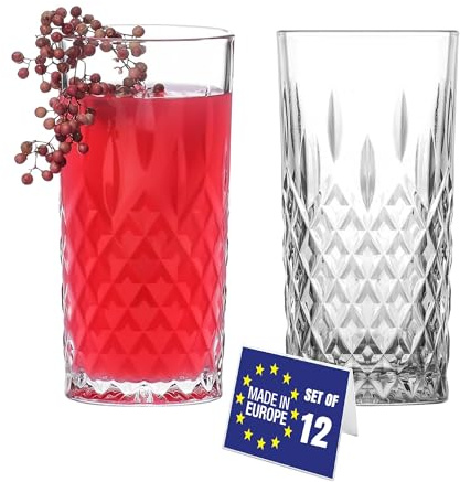 LAV Luxus Wassergläser Spülmaschinenfest, Longdrinkgläser 12er Set 360ml 100% BLEI FREI Kristallgläser, Trinkgläser Set, Highball Gläser, Longdrink Gläser Set, Wasserglas, Cocktailgläser