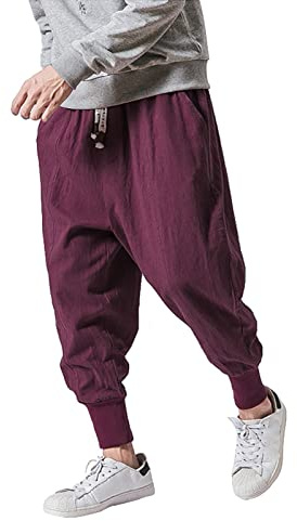 Pantalon De Jogging Cargo Harem Streetwear Homme Sarouel Style Japonais En Lin DéContracté Baggy, MéLange Coton Lin Large Plage ÉTé LéGer Confortable