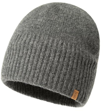 TOP-EX Winter 100% Merino Wool Beanie Trawler Fisherman Hat Unisex Warm Fleece Lined Thermal Wooly Hats Cold Weather for Running Grey M/L