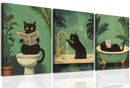 Funny Bathroom Black Cat Wall Art Set of 3, Whimsical Animal Bathroom Wall Decor Painting Maximalist Quirky Dark Pet Cat Toilet Canvas Poster Prints Aesthetics, Framed 12x16 inch