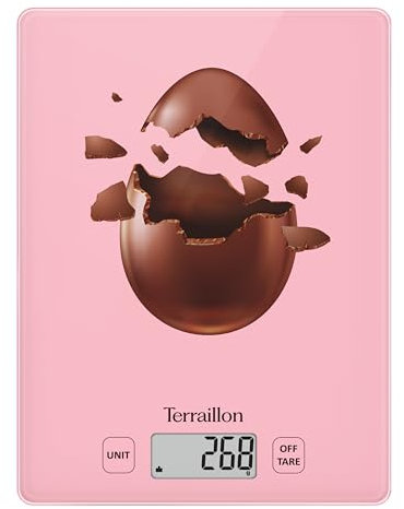 TERRAILLON - FIRST CHOCOLAT EGG - Balance de cusine électronique, Plateau verre, Capacité 3 kg, Graduation 1g, Tare, Conversions Liquides, Ultra-Fine et compacte - Ecran LCD - Chocolat Egg