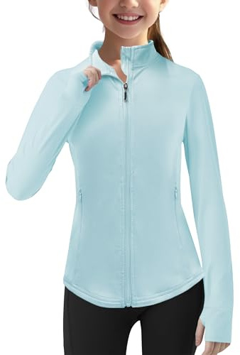 Girls Athletic Outdoor Sports Sun Shirt Zip Up Long Sleeve Sun Protection Jacket with Pockets, 12-13Y, Blue