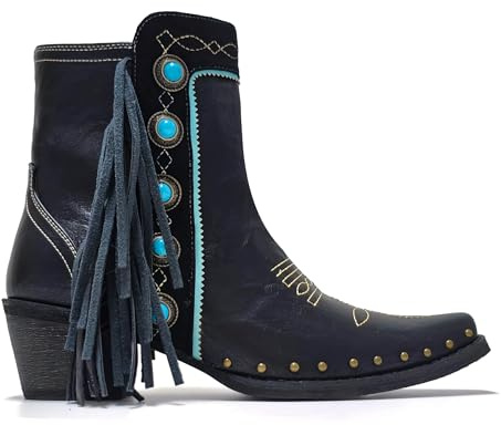 MissHeel Black Fringe Ankle Cowgirl Boots Short Cowboy-Boots with Fringes Turquoise Ankle Boot Tassel Western-Boot Size 6