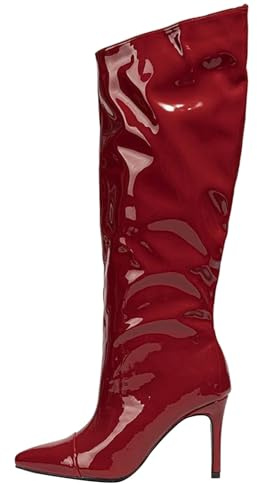 Bottes pliantes à talons hauts - Élégance et fonctionnalité - Design fin - Bottes longues en cuir verni - Avec talon - Bottes pointues élégantes - Pour femme, rouge, 40 EU
